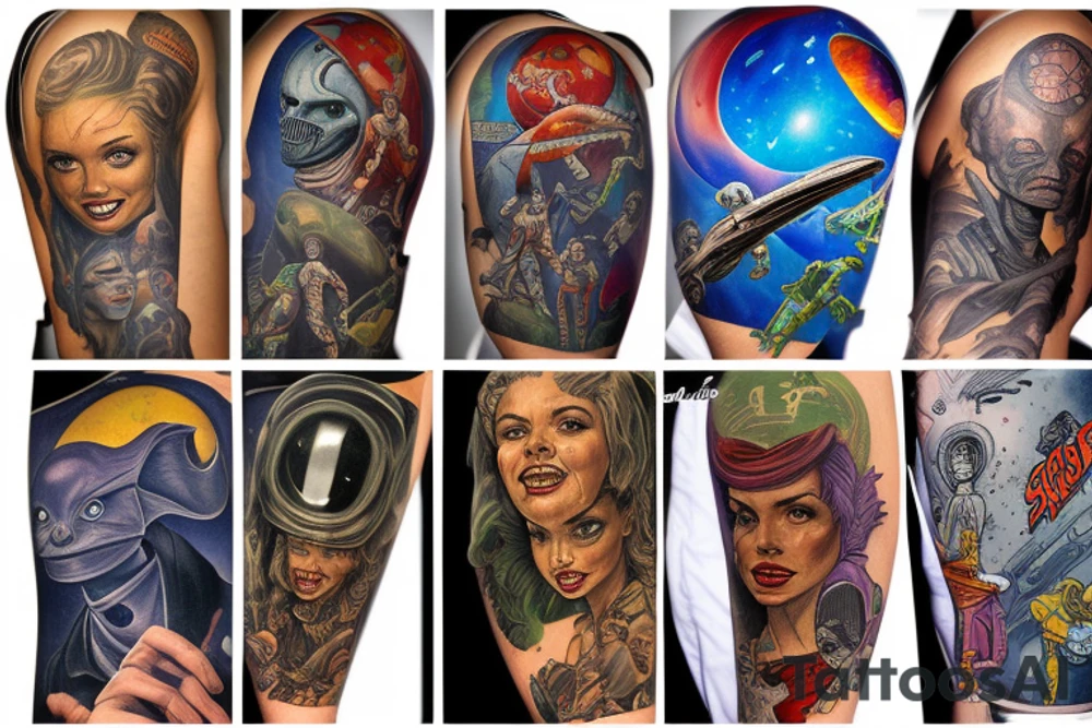 full sleeve, Sci-fi pulp comic cover art style, aliens, scene, full sleeve, full color, spaceman,  mars attacks, battle, space, colorful tattoo idea