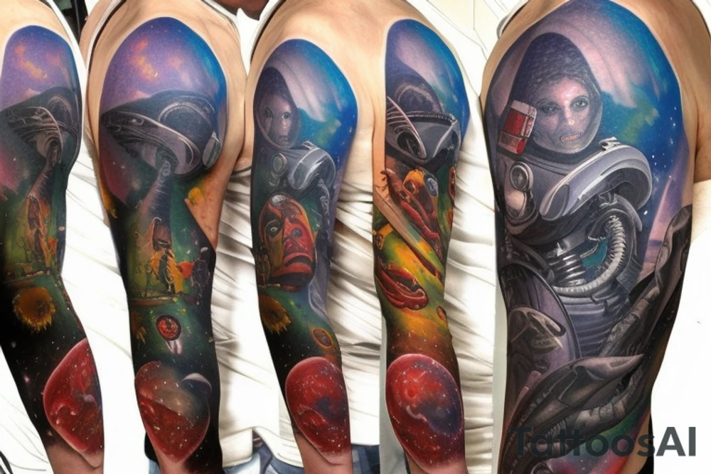 full sleeve, Sci-fi pulp comic cover art style, aliens, scene, full sleeve, full color, spaceman,  mars attacks, battle, space, colorful tattoo idea