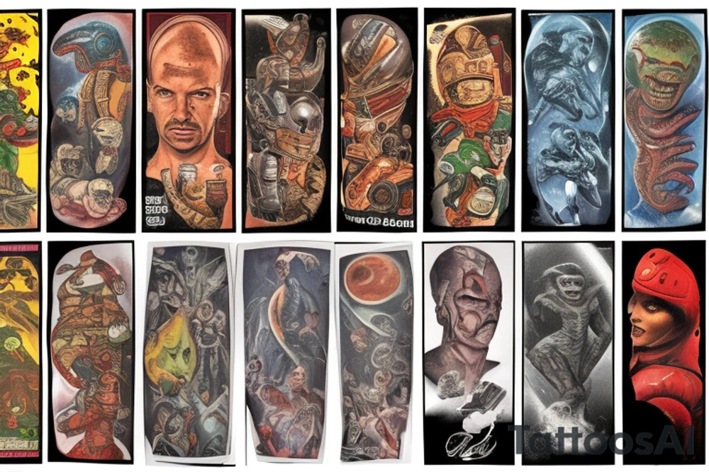 full sleeve, Sci-fi pulp comic cover art style, aliens, scene, full sleeve, full color, spaceman,  mars attacks, battle, space, colorful tattoo idea