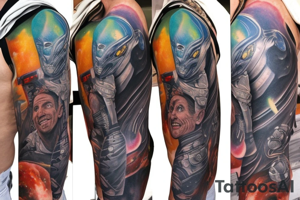 full sleeve, Sci-fi pulp comic cover art style, aliens, scene, full sleeve, full color, spaceman,  mars attacks, battle, space, colorful tattoo idea