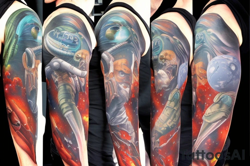 full sleeve, Sci-fi pulp comic cover art style, aliens, scene, full sleeve, full color, spaceman,  mars attacks, battle, space, colorful tattoo idea