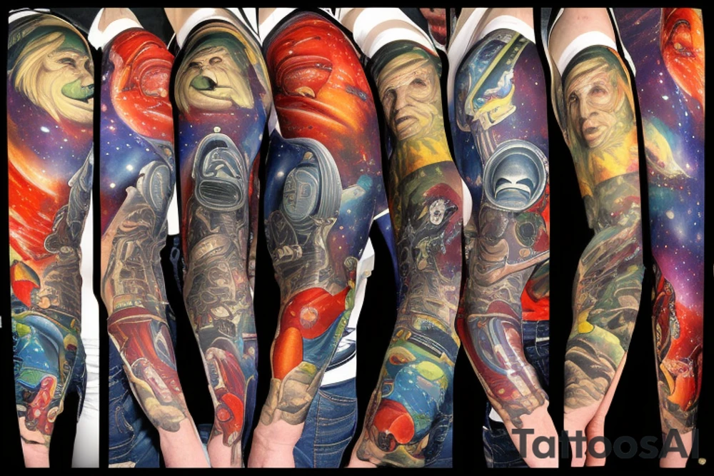 full sleeve, Sci-fi pulp comic cover art style, aliens, scene, full sleeve, full color, spaceman,  mars attacks, battle, space, colorful tattoo idea