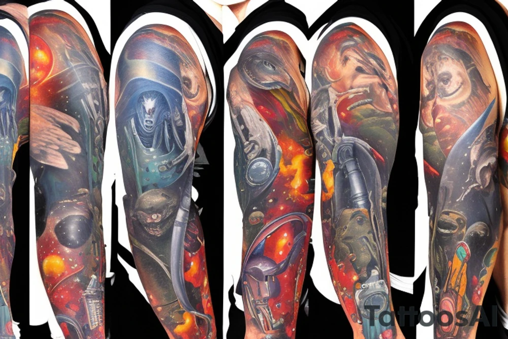 full sleeve, Sci-fi pulp comic cover art style, aliens, scene, full sleeve, full color, spaceman,  mars attacks, battle, space, colorful tattoo idea