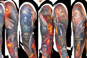 full sleeve, Sci-fi pulp comic cover art style, aliens, scene, full sleeve, full color, spaceman,  mars attacks, battle, space, colorful tattoo idea