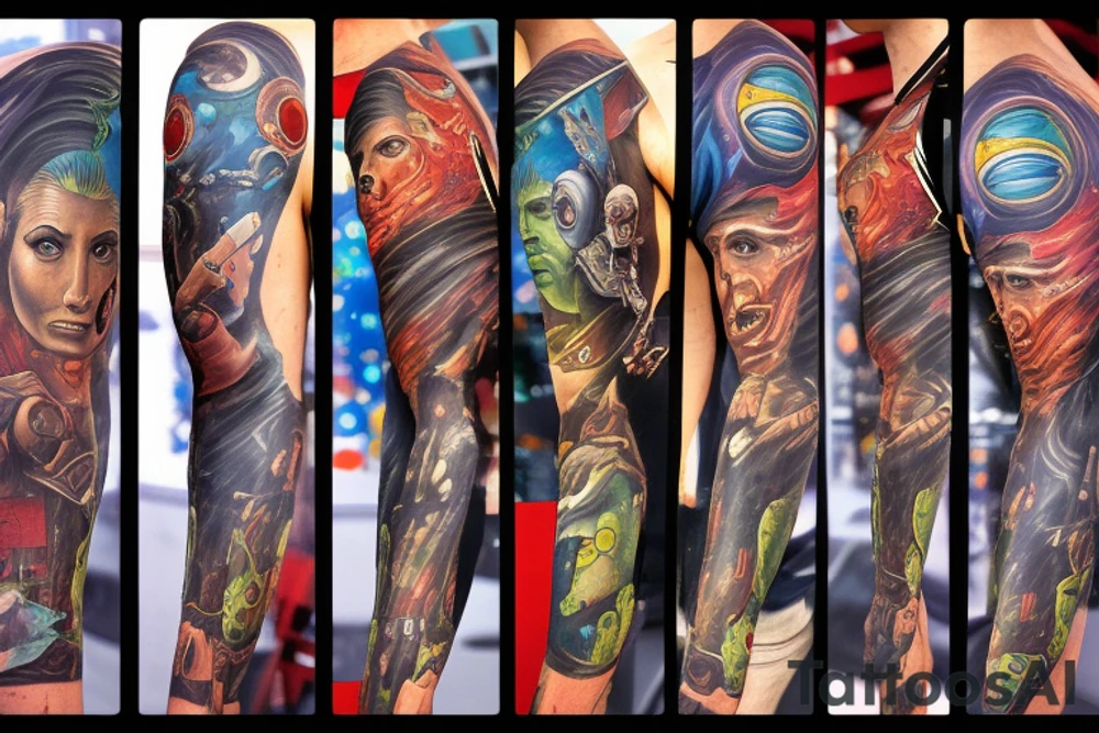 full sleeve, Sci-fi pulp comic cover art style, aliens, scene, full sleeve, full color, spaceman,  mars attacks, battle, space, colorful tattoo idea