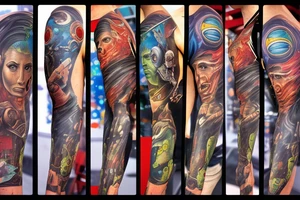 full sleeve, Sci-fi pulp comic cover art style, aliens, scene, full sleeve, full color, spaceman,  mars attacks, battle, space, colorful tattoo idea