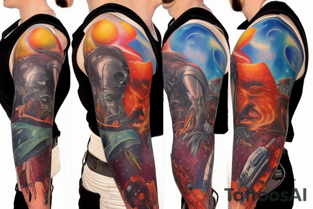 full sleeve, Sci-fi pulp comic cover art style, aliens, scene, full sleeve, full color,  mars attacks, battle, space, colorful tattoo idea