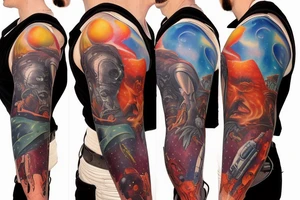 full sleeve, Sci-fi pulp comic cover art style, aliens, scene, full sleeve, full color,  mars attacks, battle, space, colorful tattoo idea