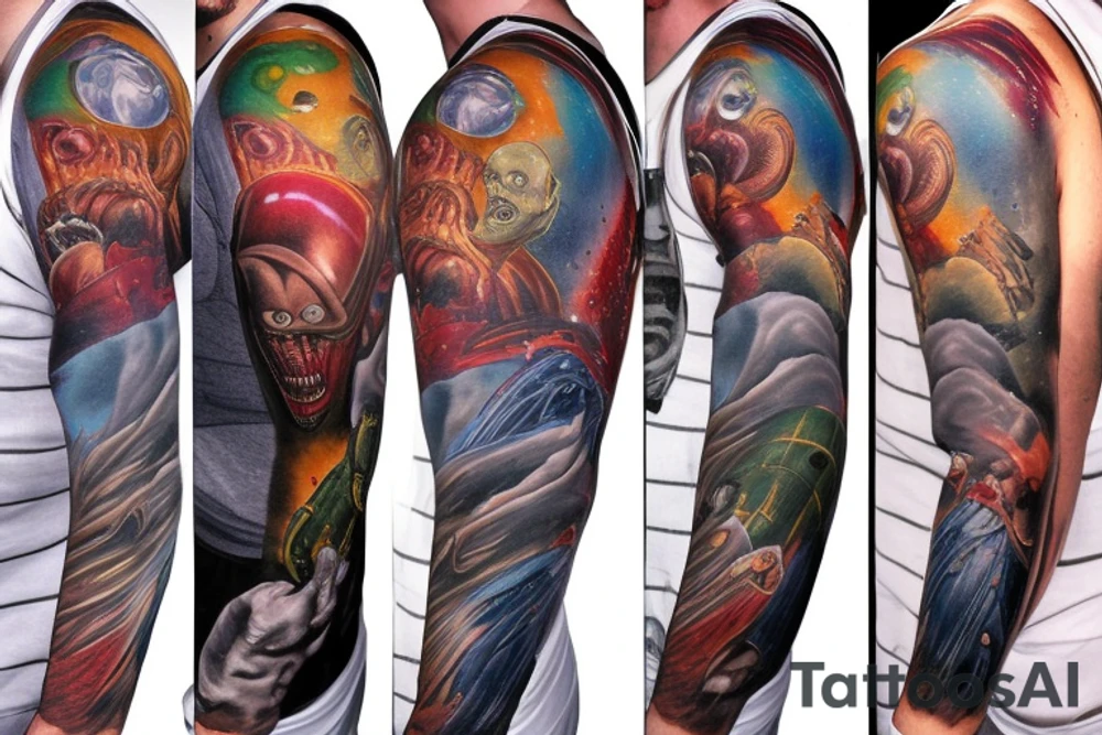 full sleeve, Sci-fi pulp comic cover art style, aliens, scene, full sleeve, full color,  mars attacks, battle, space, colorful tattoo idea