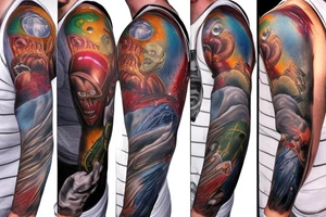 full sleeve, Sci-fi pulp comic cover art style, aliens, scene, full sleeve, full color,  mars attacks, battle, space, colorful tattoo idea