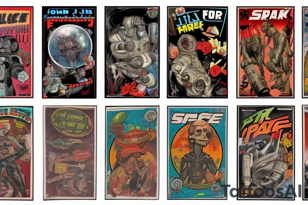 full sleeve, Sci-fi pulp comic cover art style, scene, full sleeve, full color,  mars attacks, battle, space, colorful tattoo idea