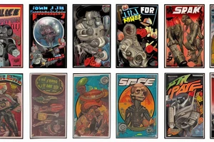 full sleeve, Sci-fi pulp comic cover art style, scene, full sleeve, full color,  mars attacks, battle, space, colorful tattoo idea
