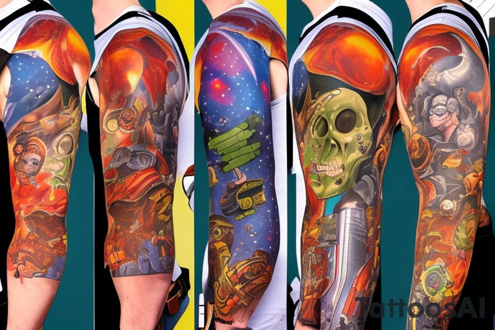 full sleeve, Sci-fi pulp comic cover art style, scene, full sleeve, full color,  mars attacks, battle, space, colorful tattoo idea