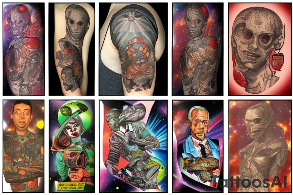 full sleeve, Sci-fi pulp comic cover art style, scene, full sleeve, full color, mars attacks, battle, space, colorful tattoo idea