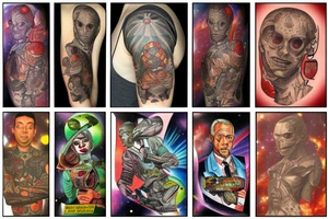 full sleeve, Sci-fi pulp comic cover art style, scene, full sleeve, full color, mars attacks, battle, space, colorful tattoo idea