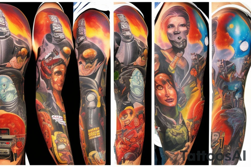 full sleeve, Sci-fi pulp comic cover art style, scene, full sleeve, full color, mars attacks, battle, space, colorful tattoo idea