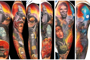 full sleeve, Sci-fi pulp comic cover art style, scene, full sleeve, full color, mars attacks, battle, space, colorful tattoo idea