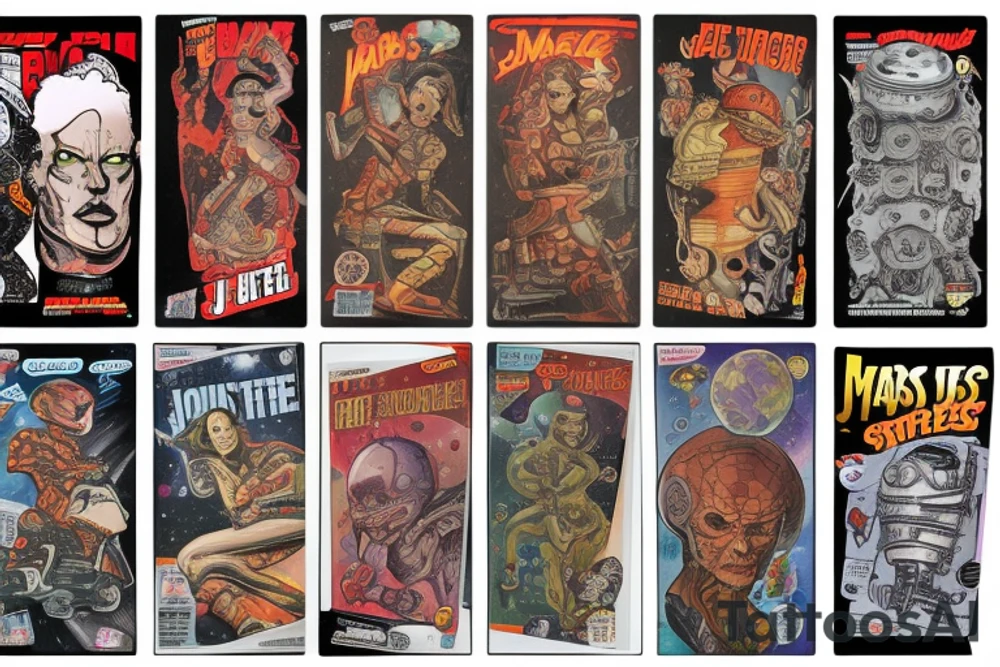 full sleeve, Sci-fi pulp comic cover art style, scene, full sleeve, full color, mars attacks, battle, space, colorful tattoo idea
