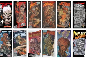 full sleeve, Sci-fi pulp comic cover art style, scene, full sleeve, full color, mars attacks, battle, space, colorful tattoo idea