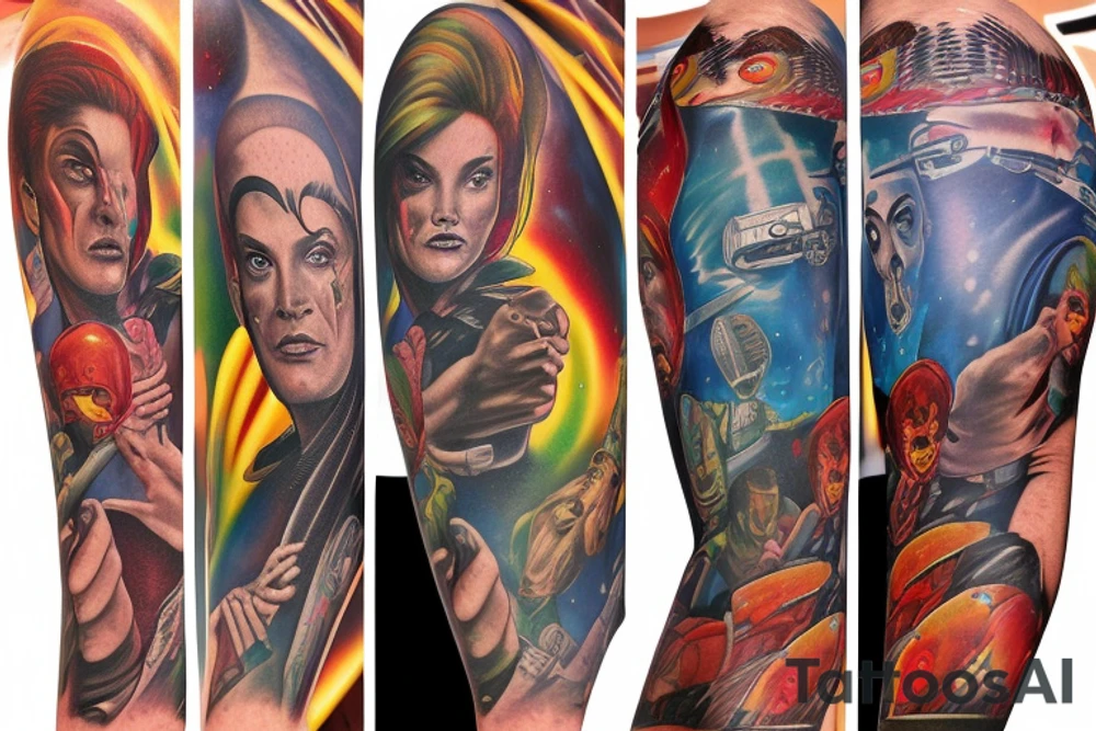 full sleeve, Sci-fi pulp comic cover art style, scene, full sleeve, full color, mars attacks, battle, space, colorful tattoo idea