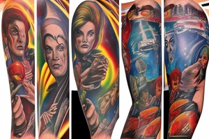 full sleeve, Sci-fi pulp comic cover art style, scene, full sleeve, full color, mars attacks, battle, space, colorful tattoo idea