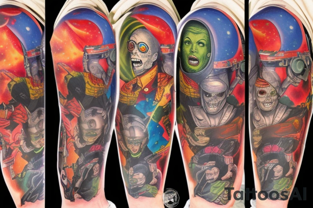 full sleeve, Sci-fi pulp comic cover art style, scene, full sleeve, full color, mars attacks, battle, space, colorful tattoo idea