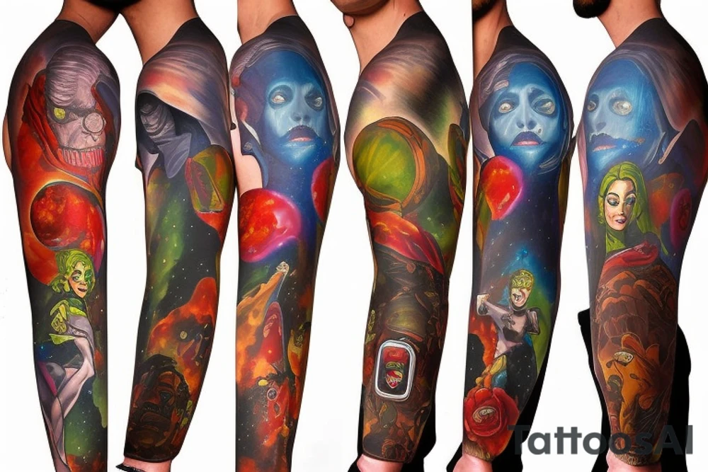 full sleeve, Sci-fi pulp comic cover art style, scene, full sleeve, full color, mars attacks, battle, space, colorful tattoo idea