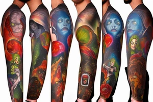 full sleeve, Sci-fi pulp comic cover art style, scene, full sleeve, full color, mars attacks, battle, space, colorful tattoo idea