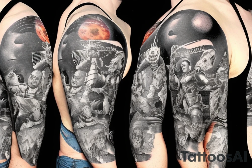 full sleeve, Sci-fi pulp comic cover art style, scene, full sleeve, full color, mars attacks, battle, space, colorful tattoo idea