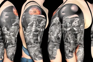 full sleeve, Sci-fi pulp comic cover art style, scene, full sleeve, full color, mars attacks, battle, space, colorful tattoo idea