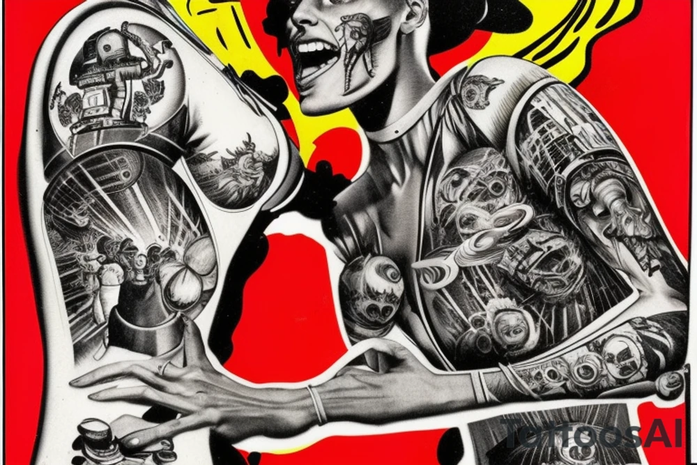 full sleeve, Sci-fi pulp comic cover art style, scene, full sleeve, full color, mars attacks, battle, space, colorful tattoo idea