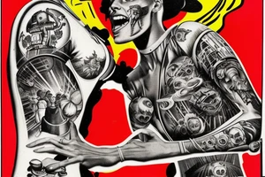 full sleeve, Sci-fi pulp comic cover art style, scene, full sleeve, full color, mars attacks, battle, space, colorful tattoo idea
