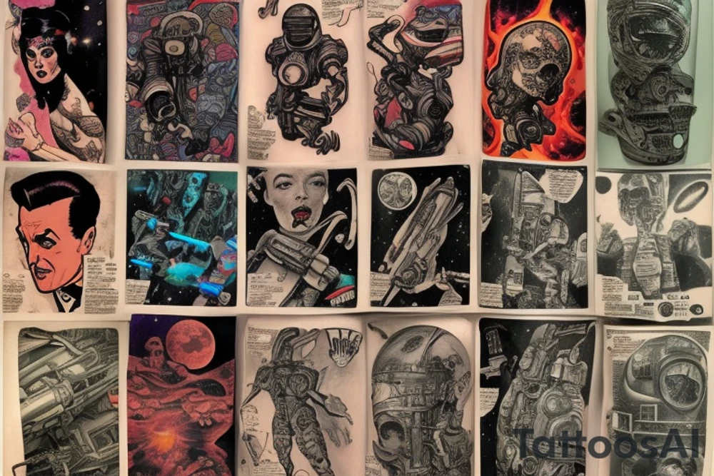 full sleeve, Sci-fi pulp comic cover art style, scene, full sleeve, full color, mars attacks, battle, space, colorful tattoo idea
