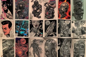 full sleeve, Sci-fi pulp comic cover art style, scene, full sleeve, full color, mars attacks, battle, space, colorful tattoo idea