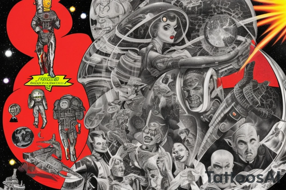 full sleeve, Sci-fi pulp comic cover art style, scene, full sleeve, full color, mars attacks, battle, space, colorful tattoo idea