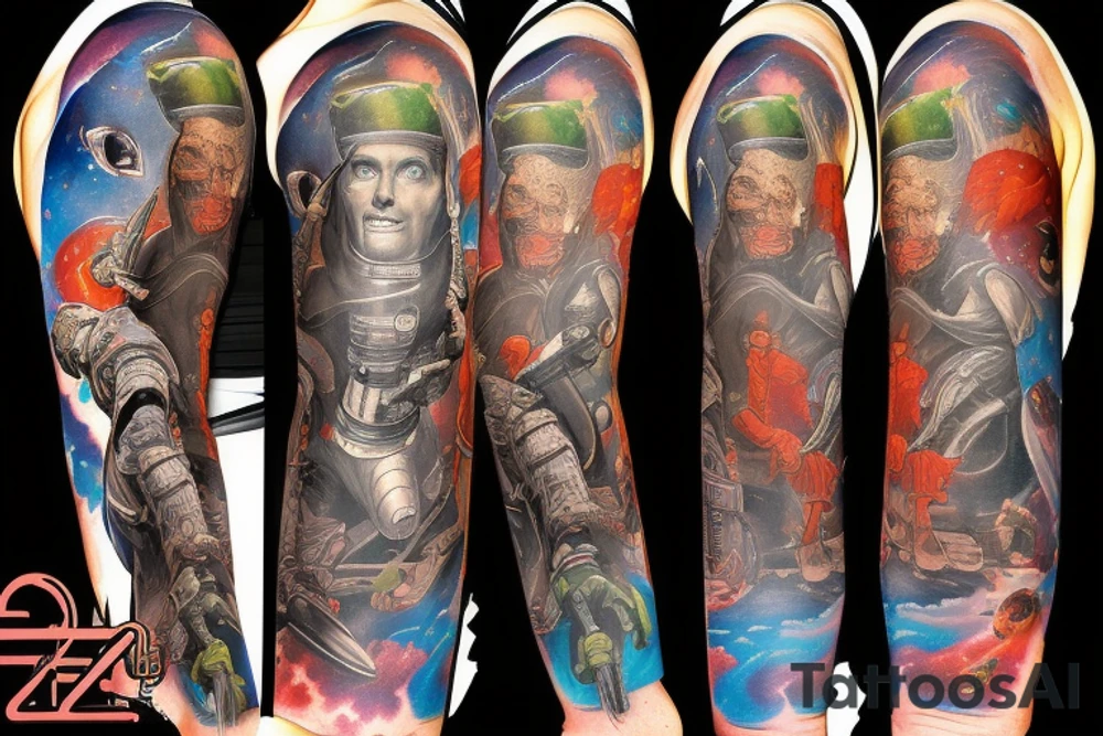 full sleeve, Sci-fi pulp comic cover art style, scene, full sleeve, full color, mars attacks, battle, space, colorful tattoo idea
