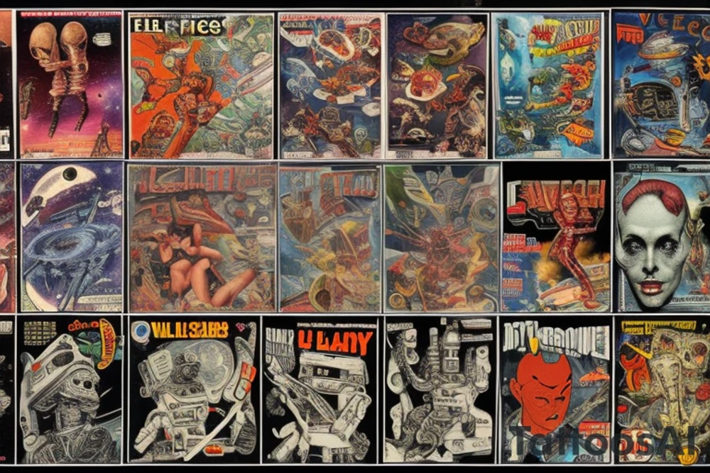 full sleeve, Sci-fi pulp comic cover art style, scene, full sleeve, full color, mars attacks, battle, space, colorful tattoo idea