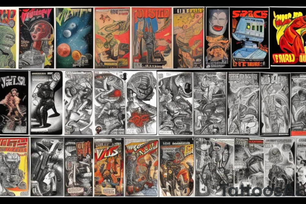 full sleeve, Sci-fi pulp comic cover art style, scene, full sleeve, full color, mars attacks, battle, space, colorful tattoo idea