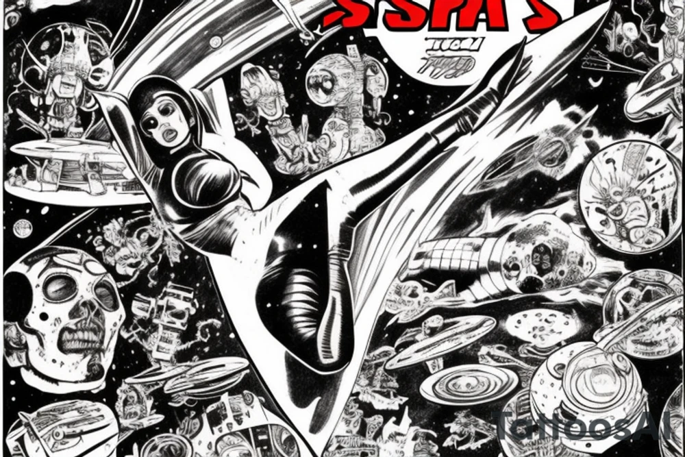full sleeve, Sci-fi pulp comic cover art style, scene, full sleeve, full color, mars attacks, battle, space, colorful tattoo idea