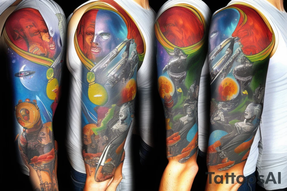 full sleeve, Sci-fi pulp comic cover art style, scene, full sleeve, full color, mars attacks, battle, space, colorful tattoo idea