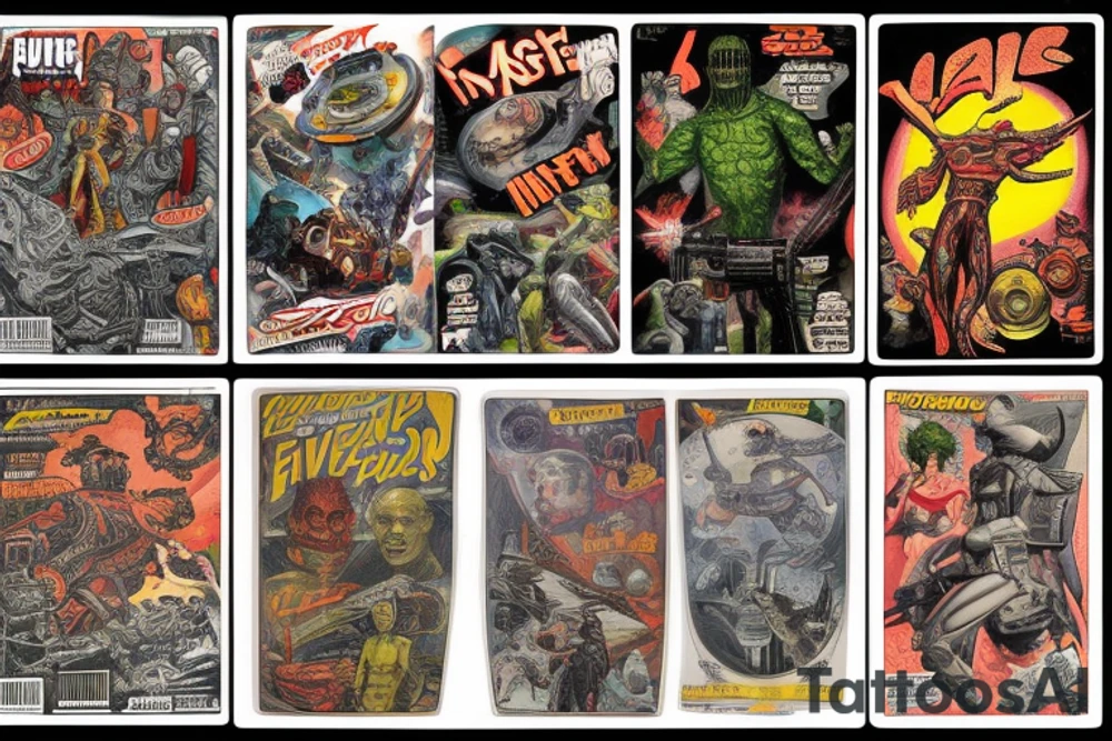 full sleeve, Sci-fi pulp comic cover art style, scene, full sleeve, full color, mars attacks, battle, space, colorful tattoo idea
