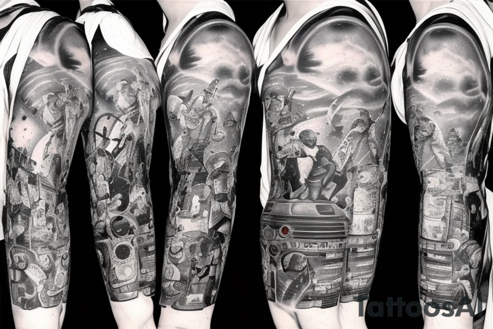 full sleeve, Sci-fi pulp comic cover art style, scene, full sleeve, full color, mars attacks, battle, space, colorful tattoo idea