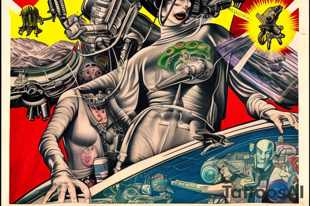 full sleeve, Sci-fi pulp comic cover art style, scene, full sleeve, full color, mars attacks, battle, space, colorful tattoo idea