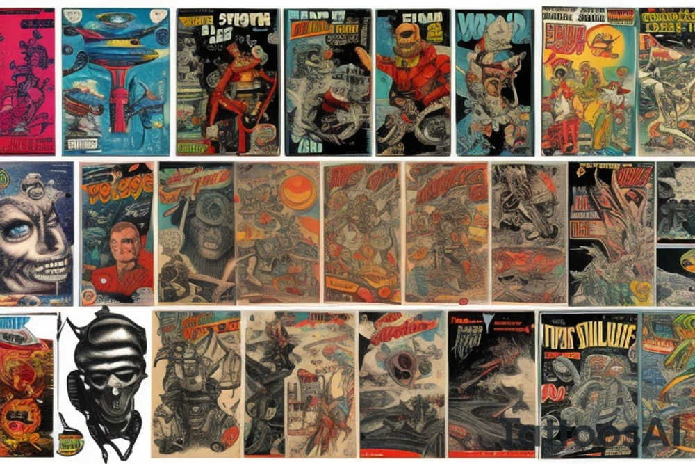 full sleeve, Sci-fi pulp comic cover art style, scene, full sleeve, full color, mars attacks, battle, space, colorful tattoo idea