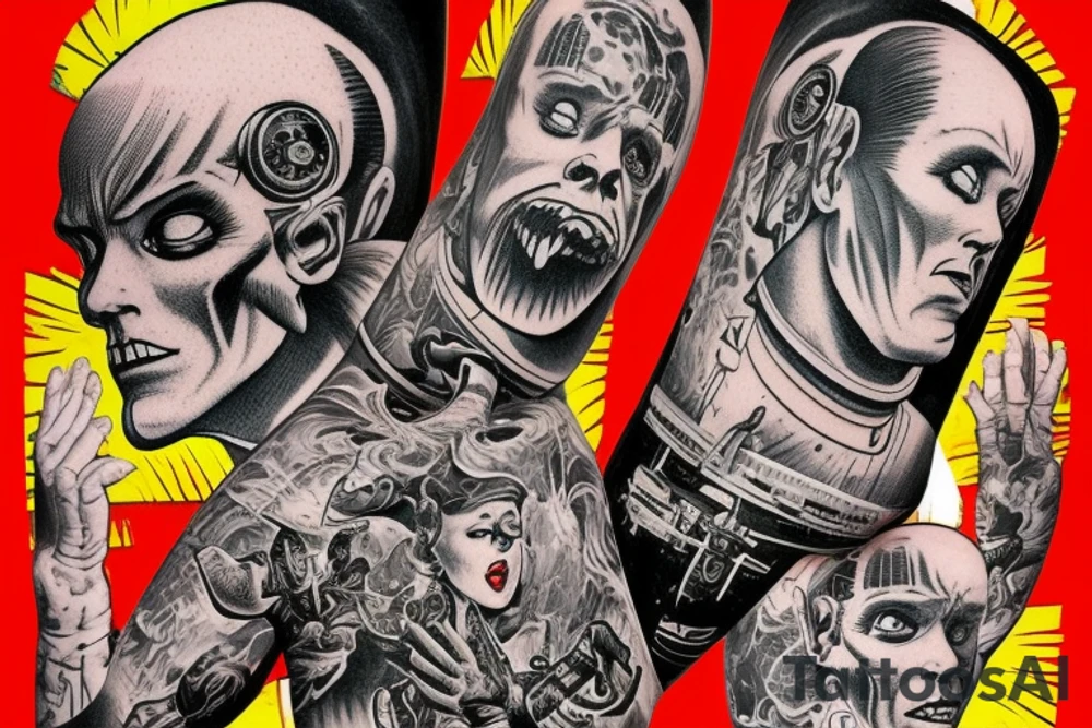 full sleeve, Sci-fi pulp comic cover art style, scene, full sleeve, full color, mars attacks, battle, space, colorful tattoo idea
