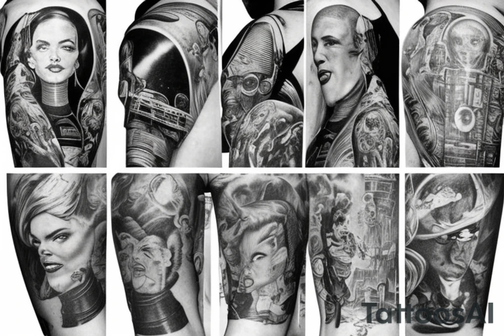 full sleeve, Sci-fi pulp comic cover art style, scene, full sleeve, full color, mars attacks, battle, space, colorful tattoo idea