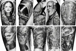 full sleeve, Sci-fi pulp comic cover art style, scene, full sleeve, full color, mars attacks, battle, space, colorful tattoo idea