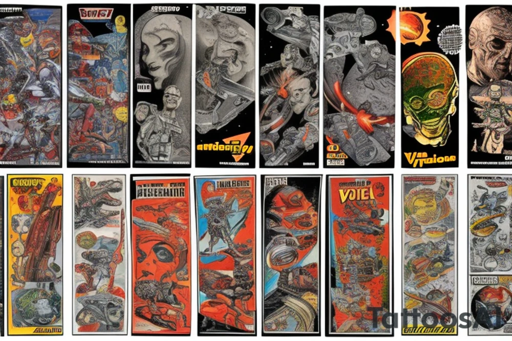 full sleeve, Sci-fi pulp comic cover art style, scene, full sleeve, full color, mars attacks, battle, space, colorful tattoo idea