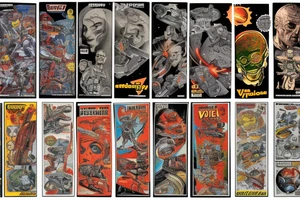 full sleeve, Sci-fi pulp comic cover art style, scene, full sleeve, full color, mars attacks, battle, space, colorful tattoo idea