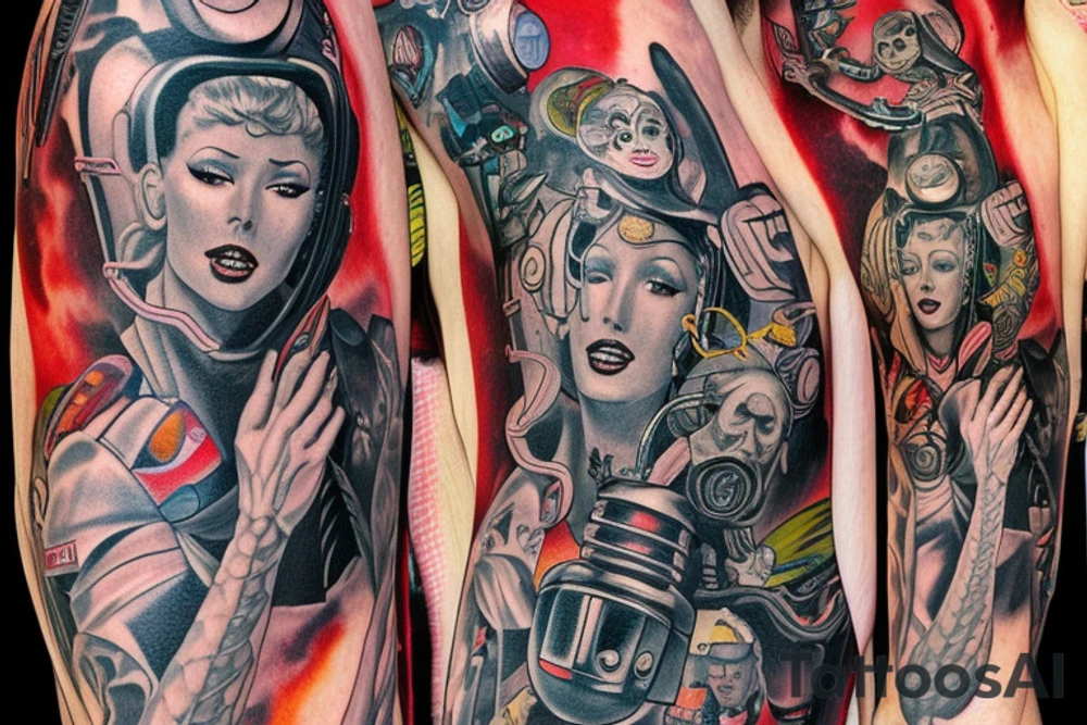 full sleeve, Sci-fi pulp comic cover art style, scene, full sleeve, full color, mars attacks, battle, colorful tattoo idea